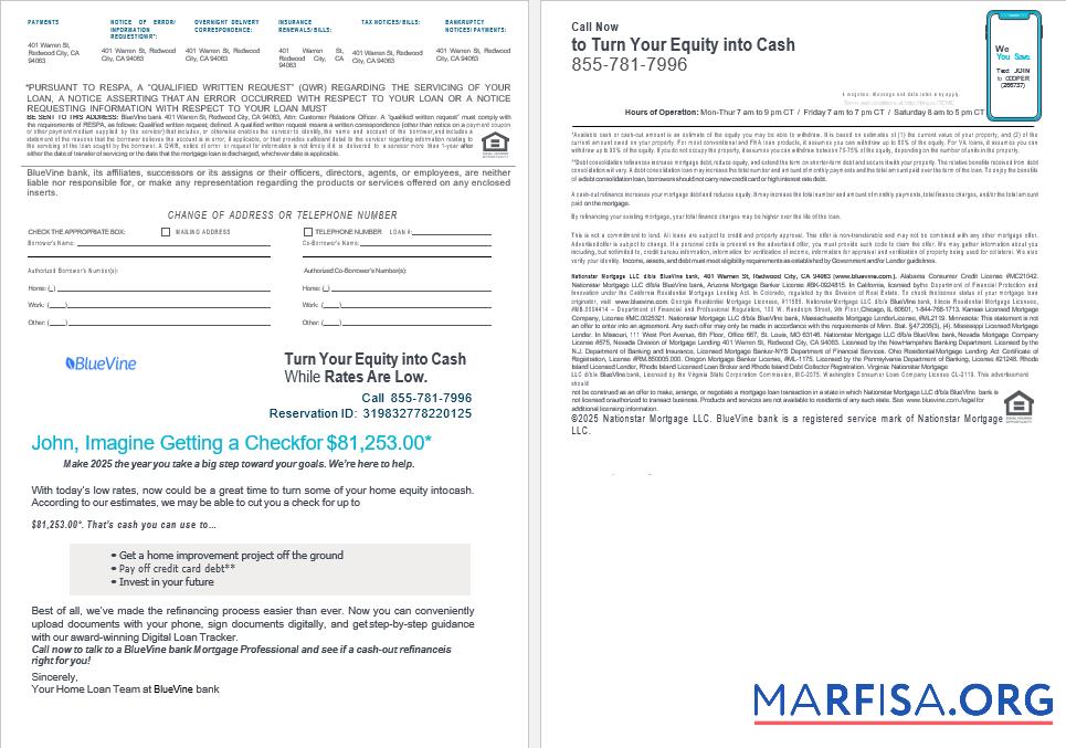 Blank USA California BlueVine bank mortgage loan statement in Word and PDF formats , 4 pages 3 4 sample